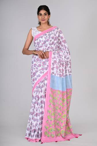 Shivanya handicrafts hand block printed women mulmul cotton sarees for women attach blouse piece sh-1638
