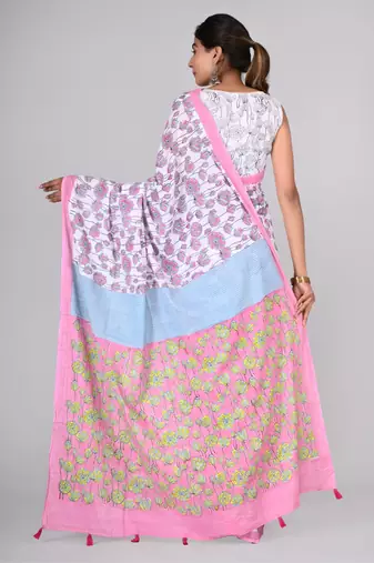 Shivanya handicrafts hand block printed women mulmul cotton sarees for women attach blouse piece sh-1638