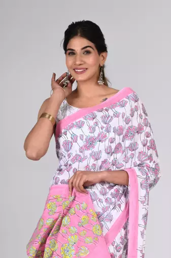 Shivanya handicrafts hand block printed women mulmul cotton sarees for women attach blouse piece sh-1638