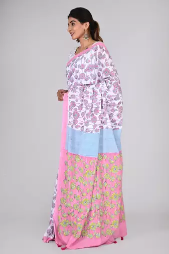 Shivanya handicrafts hand block printed women mulmul cotton sarees for women attach blouse piece sh-1638
