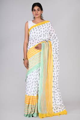 Shivanya handicrafts hand block printed women mulmul cotton sarees for women attach blouse piece sh-1639 1