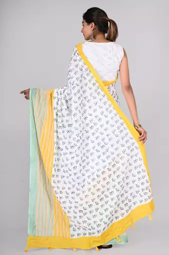 Shivanya handicrafts hand block printed women mulmul cotton sarees for women attach blouse piece sh-1639