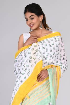 Shivanya handicrafts hand block printed women mulmul cotton sarees for women attach blouse piece sh-1639 3
