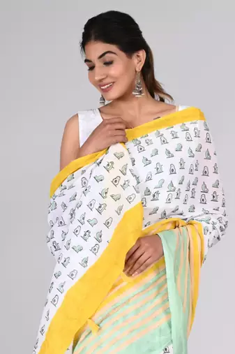 Shivanya handicrafts hand block printed women mulmul cotton sarees for women attach blouse piece sh-1639
