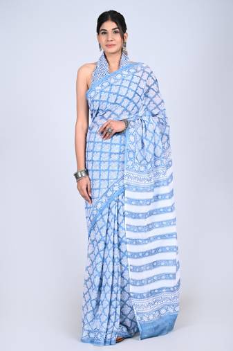 Shivanya handicrafts hand block printed women mulmul cotton sarees for women attach blouse piece sh-1640