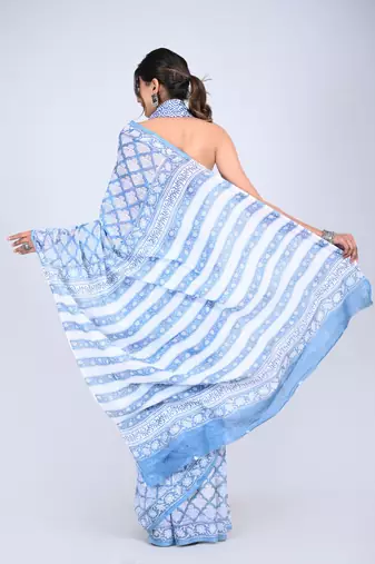 Shivanya handicrafts hand block printed women mulmul cotton sarees for women attach blouse piece sh-1640
