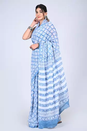 Shivanya handicrafts hand block printed women mulmul cotton sarees for women attach blouse piece sh-1640