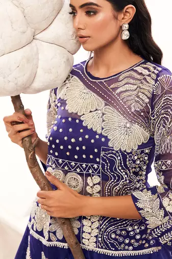 Blue Silk Embroidery Kurta Lehenga Set