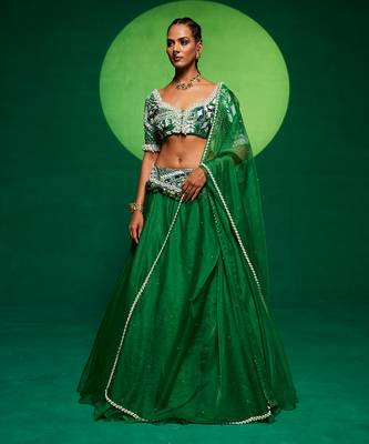 Green Organza Embellished Lehenga Set 1