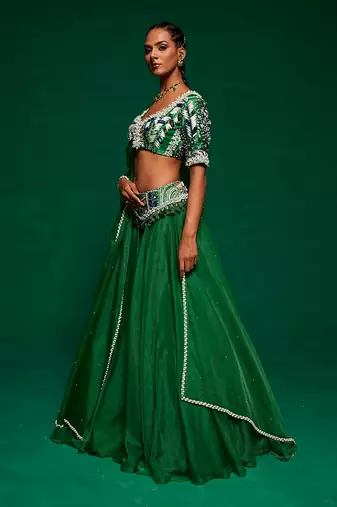 Green Organza Embellished Lehenga Set