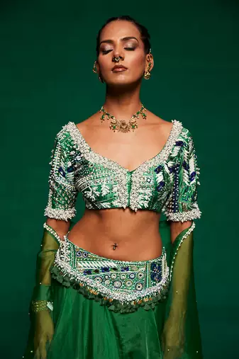 Green Organza Embellished Lehenga Set