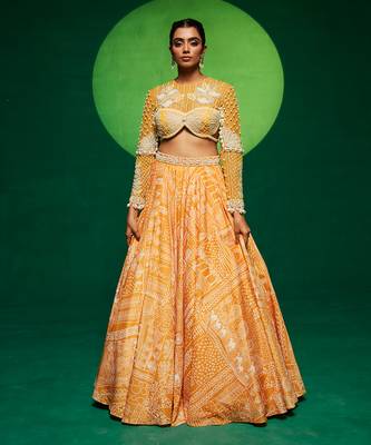 Yellow Net Printed Lehenga Set 1
