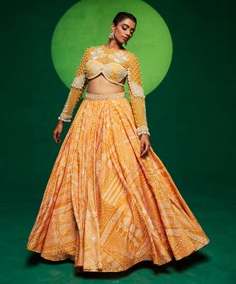 Yellow Net Printed Lehenga Set 2
