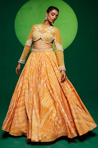 Yellow Net Printed Lehenga Set