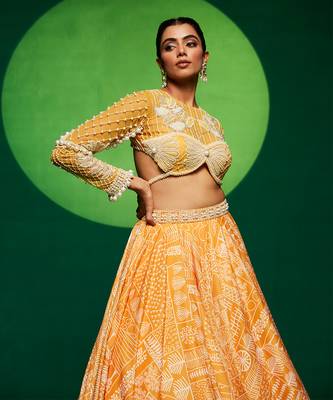 Yellow Net Printed Lehenga Set 3