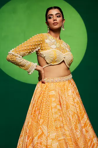 Yellow Net Printed Lehenga Set