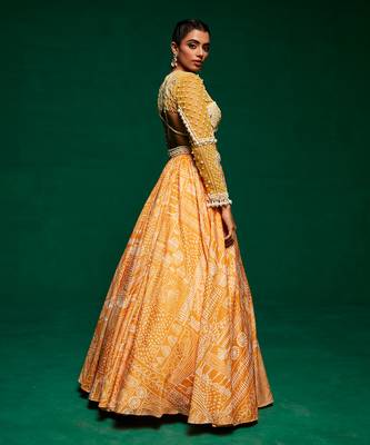 Yellow Net Printed Lehenga Set 4