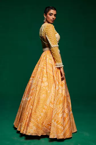 Yellow Net Printed Lehenga Set