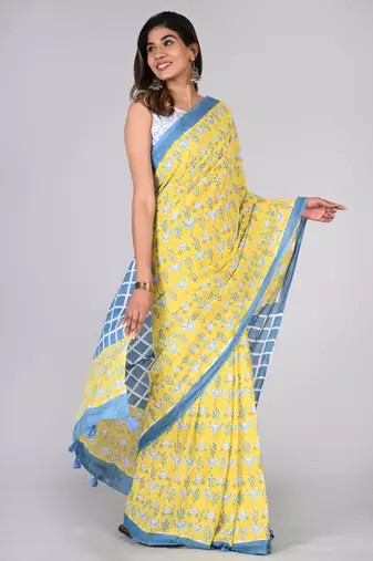 Shivanya handicrafts hand block printed women mulmul cotton sarees for women attach blouse piece sh-1622