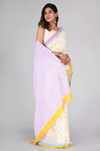 Shivanya handicrafts hand block printed women mulmul cotton sarees for women attach blouse piece sh-1623