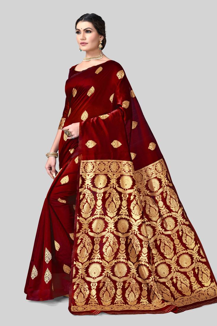 MAROON WOVEN Faux Kanjivaram SILK SAREE WITH BLOUSE PIECE