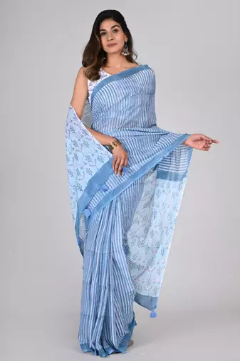 Shivanya handicrafts hand block printed women mulmul cotton sarees for women attach blouse piece sh-1624