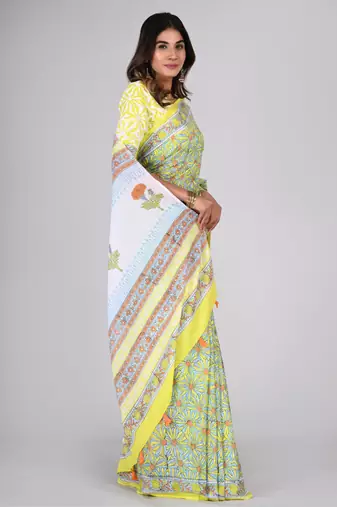 Shivanya handicrafts hand block printed women mulmul cotton sarees for women attach blouse piece sh-1628