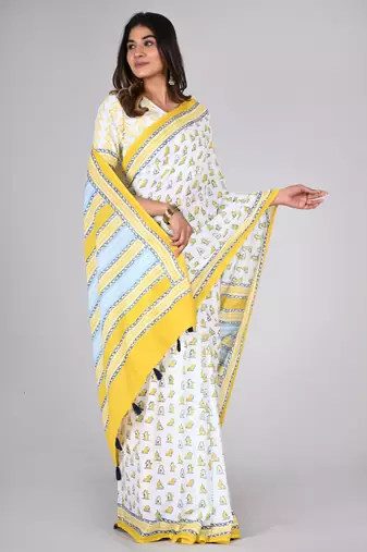 Shivanya handicrafts hand block printed women mulmul cotton sarees for women attach blouse piece sh-1632