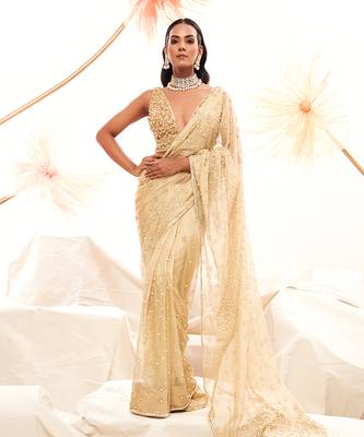 Golden zari embroidered saree 1