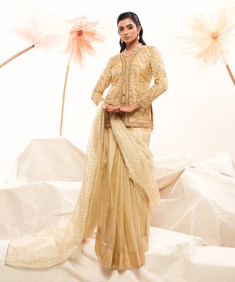 Golden zari embroidered saree 1