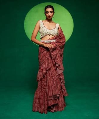 Brown georgette printed abstract round pre-draped saree 1