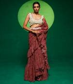 Brown georgette printed abstract round pre-draped saree