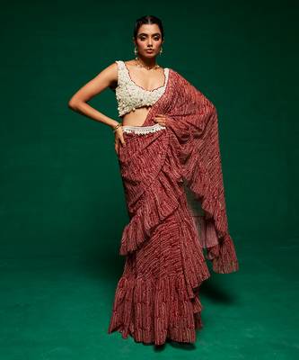 Brown georgette printed abstract round pre-draped saree 2