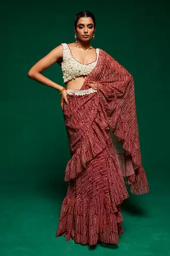 Brown georgette printed abstract round pre-draped saree