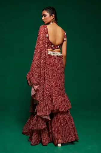 Brown georgette printed abstract round pre-draped saree