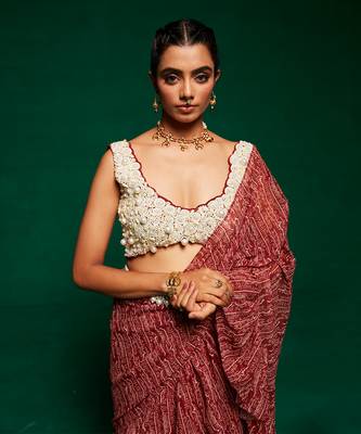 Brown georgette printed abstract round pre-draped saree 5