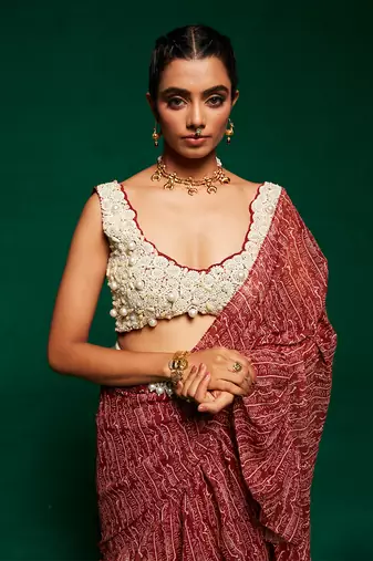 Brown georgette printed abstract round pre-draped saree