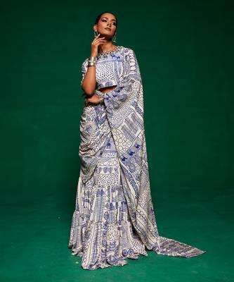 Off white & blue crepe embroidered saree 1