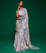 Off white & blue crepe embroidered saree