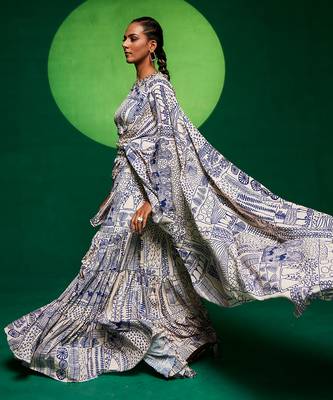 Off white & blue crepe embroidered saree 2