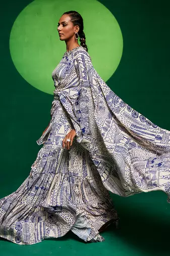 Off white & blue crepe embroidered saree