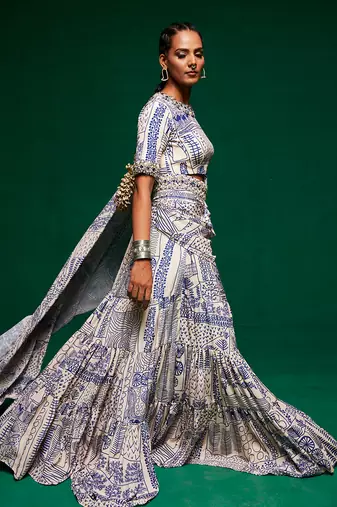 Off white & blue crepe embroidered saree