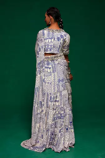 Off white & blue crepe embroidered saree
