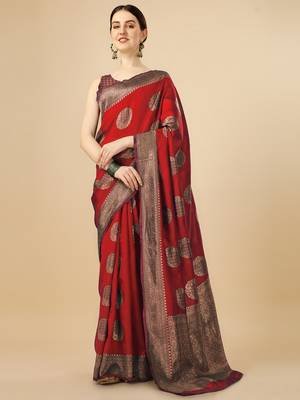 RED WOVEN Faux  Faux Kanjivaram SILK SAREE WITH BLOUSE PIECE 1