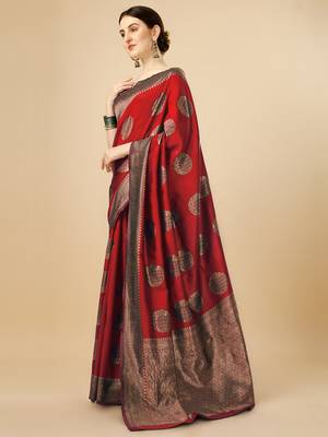 RED WOVEN Faux  Faux Kanjivaram SILK SAREE WITH BLOUSE PIECE 2