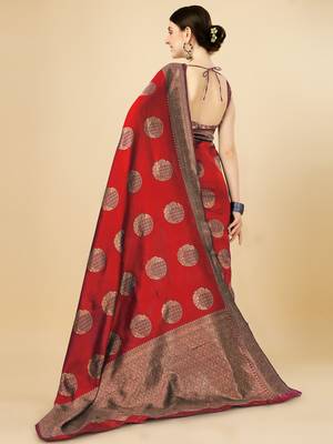 RED WOVEN Faux  Faux Kanjivaram SILK SAREE WITH BLOUSE PIECE 3