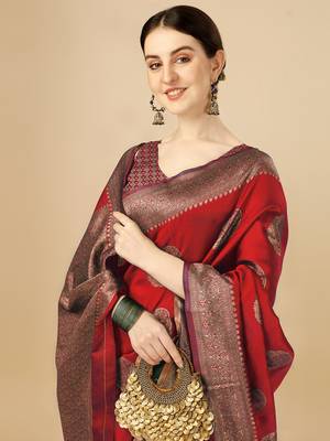 RED WOVEN Faux  Faux Kanjivaram SILK SAREE WITH BLOUSE PIECE 4
