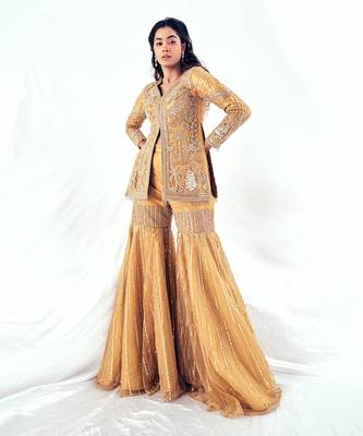 Gold net embroidery gharara set 1