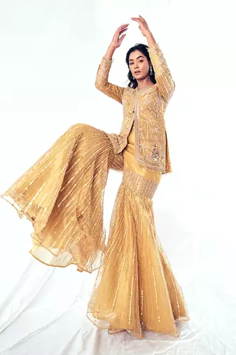 Gold net embroidery gharara set