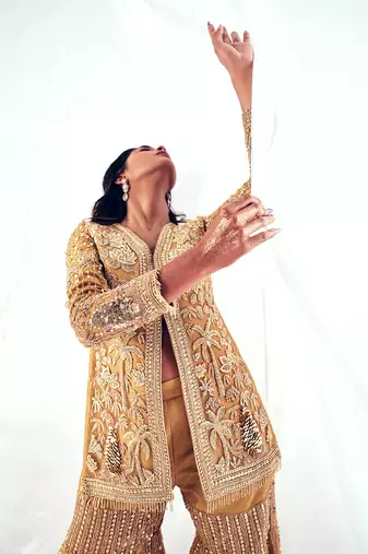 Gold net embroidery gharara set